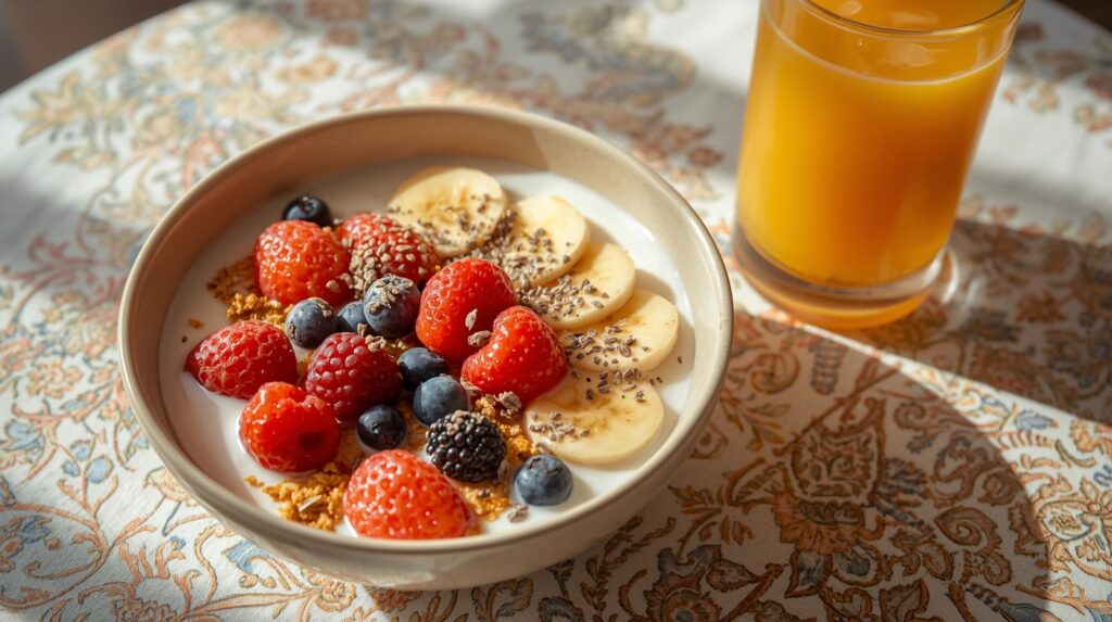 a bowl of plant based milk on a bowl of cerial. add a mix of