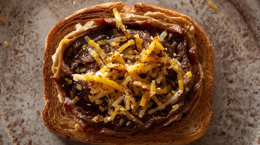 brown toast with plant spread and marmite, toasted with a little vegan cheese on top