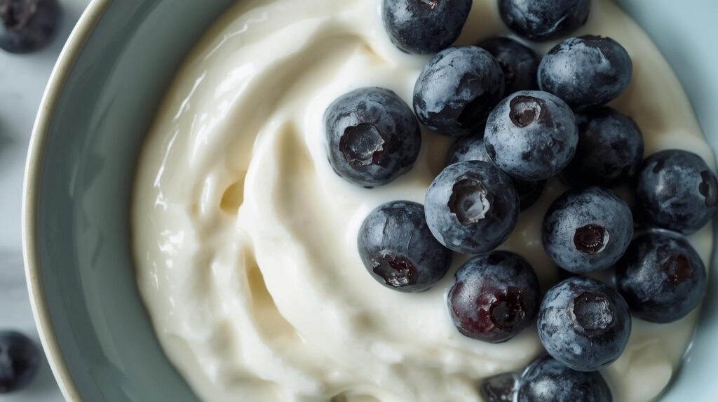 creamy soya yogurt in a pretty bowl with blue berries on top