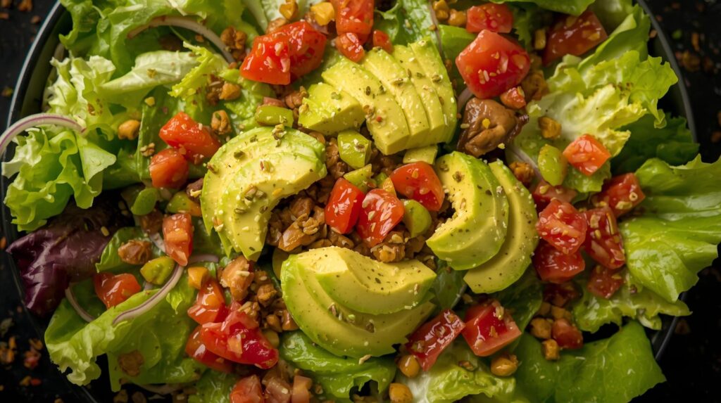 mixed lettice leaves with chopped advocado on top. a small amount of chopped tomoatoes. posh