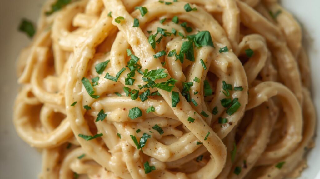 pasta with a plant sauce made from thick soya cream