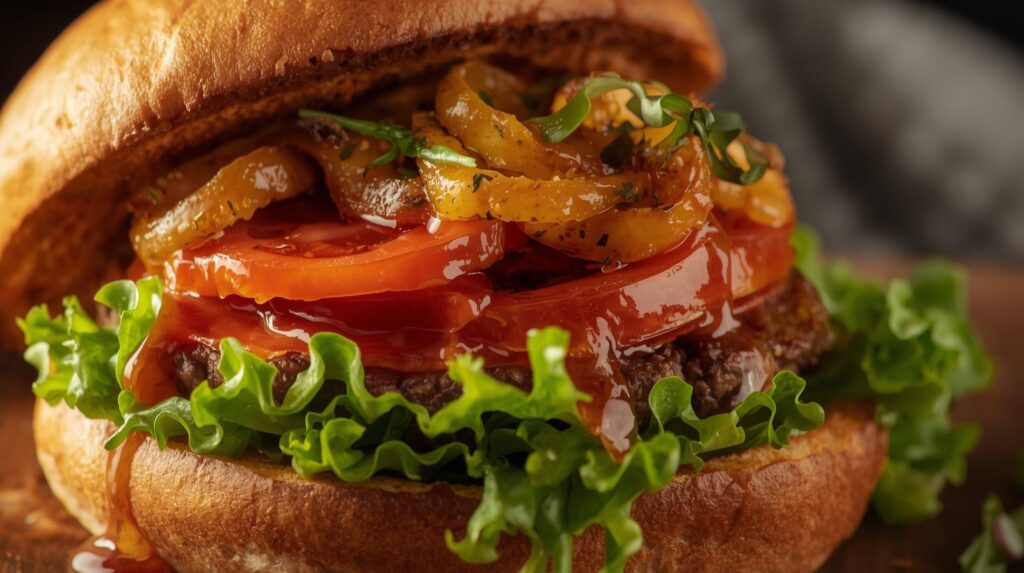 plant based burger in a bun with lettice, tomatoe, fried onion and sauce. make it look delicous