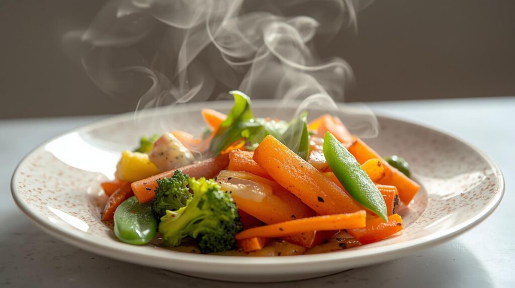steamed vegetable. on a pretty plate. steam coming of them